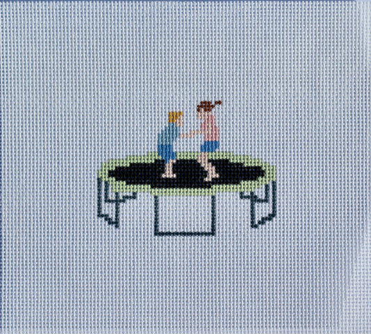 Kids Jumping on a Trampoline Needlepoint Canvas | 13 Mesh Hand-Painted Childhood Memory Canvas