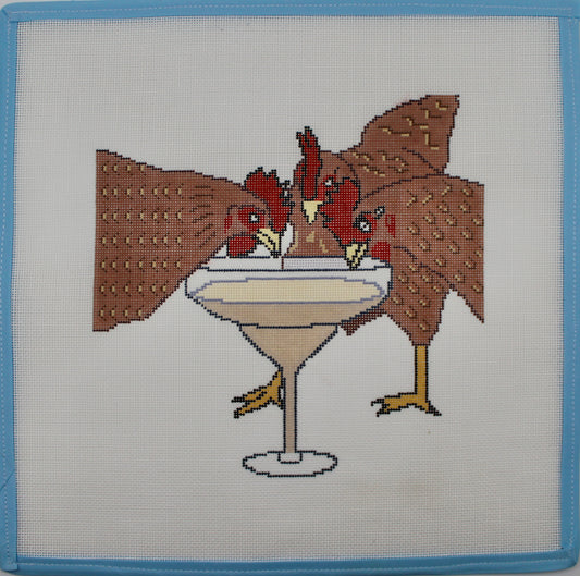 Handpainted Chickens Drinking Canvas |Funny Chicken Needlepoint Canvas | 18 Mesh | Farmhouse Chicken Art | Southern Needlepoint Canvas | 8x8 Canvas
