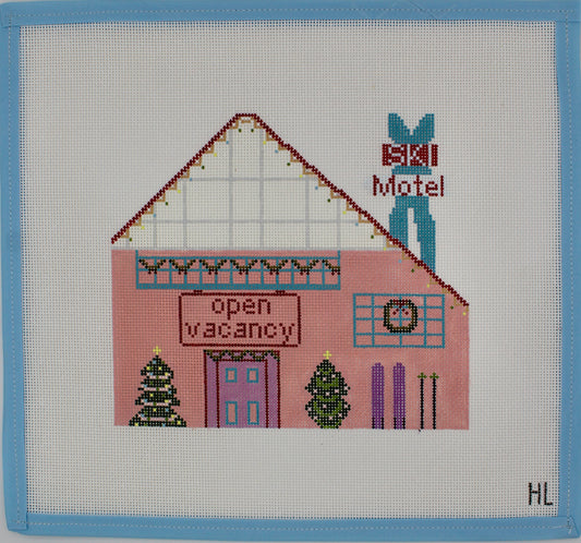Ski Christmas Village - Ski Motel Handpainted Needlepoint Canvas | 18 Mesh
