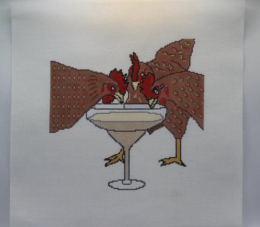 Handpainted Chickens Drinking Canvas |Funny Chicken Needlepoint Canvas | 18 Mesh | Farmhouse Chicken Art | Southern Needlepoint Canvas | 8x8 Canvas