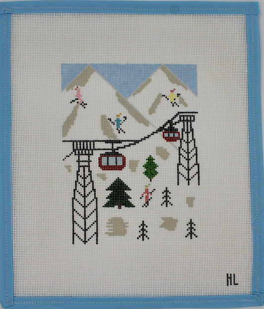 Ski Christmas Village- Ski Lift Gondola Handpainted Needlepoint Canvas | 18 Mesh