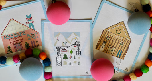 Ski Christmas Village - Ski Motel Handpainted Needlepoint Canvas | 18 Mesh