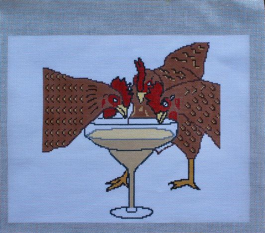 Handpainted Chickens Drinking Canvas |Funny Chicken Needlepoint Canvas | 18 Mesh | Farmhouse Chicken Art | Southern Needlepoint Canvas | 8x8 Canvas