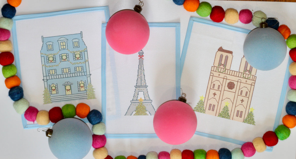 Paris Christmas Village Series- Eiffel Tower Handpainted Needlepoint Canvas | 18 Mesh