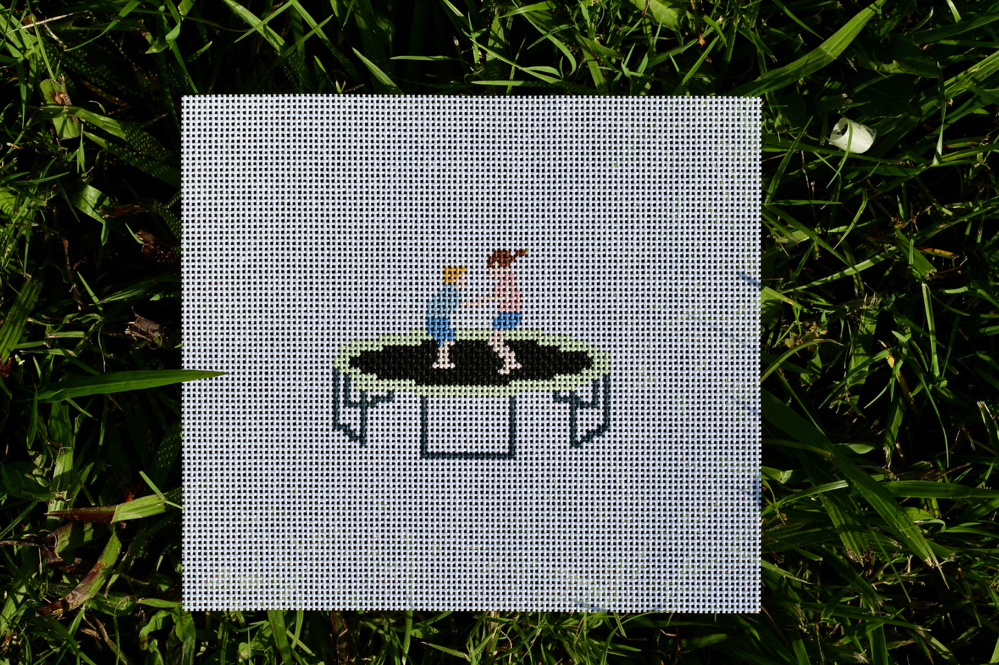 Kids Jumping on a Trampoline Needlepoint Canvas | 18 Mesh Hand-Painted Childhood Memory Canvas