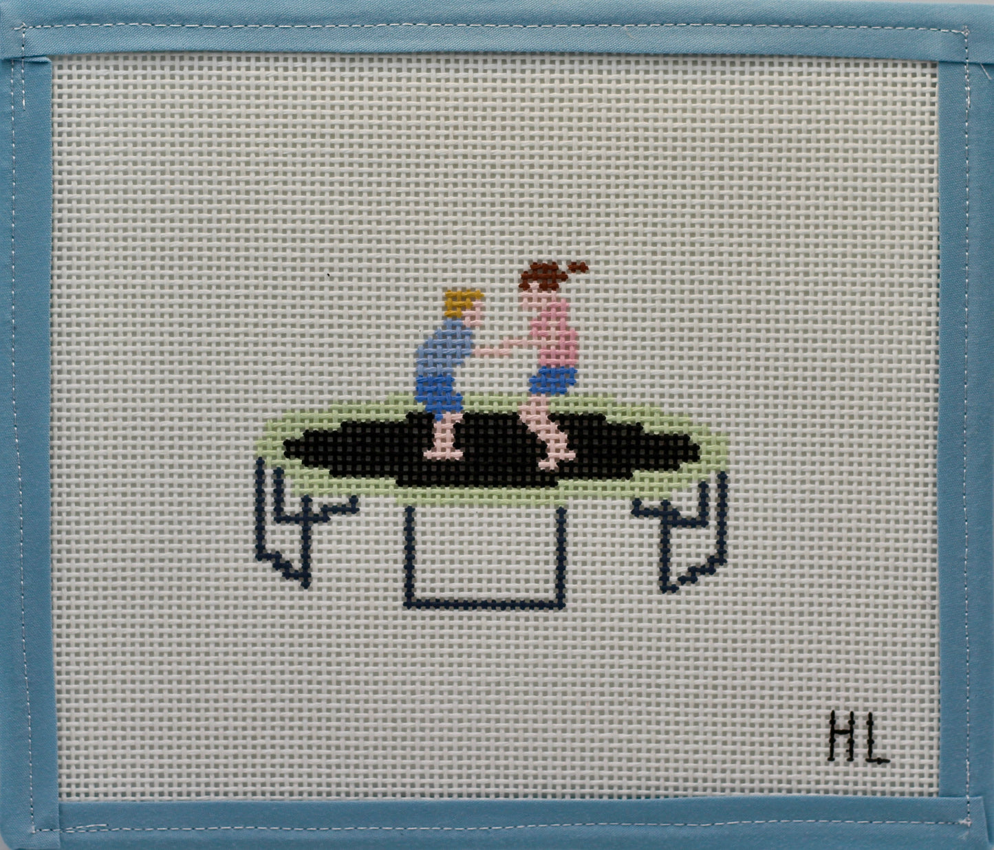 Kids Jumping on a Trampoline Needlepoint Canvas | 13 Mesh Hand-Painted Childhood Memory Canvas