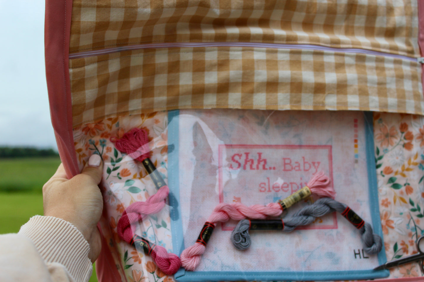 Pink Floral Needlepoint Project Bag | Handmade Zipper Project Pouch | Large Vinyl Stitching Bag | Knitting & Embroidery Organizer |