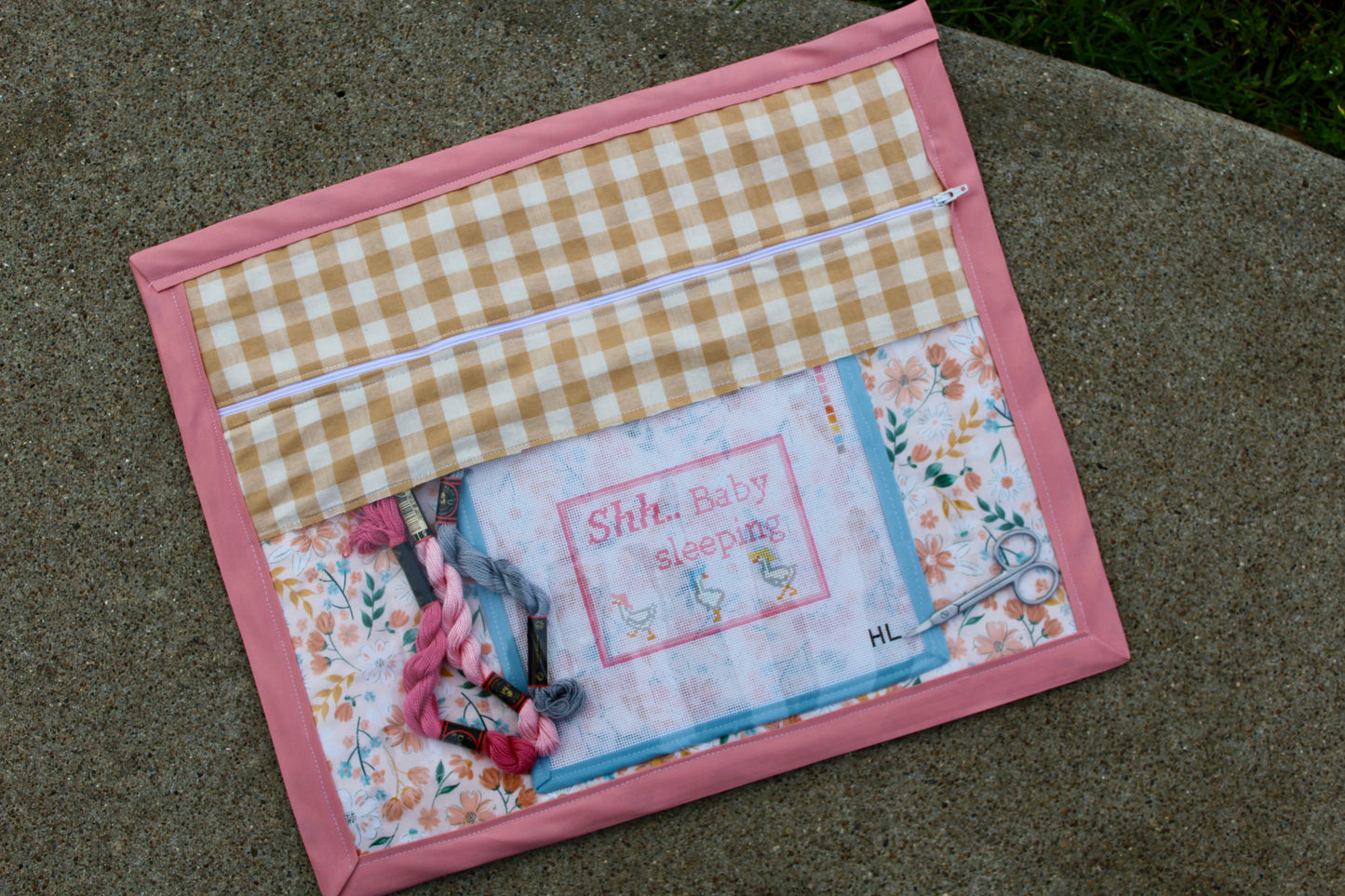 Pink Floral Needlepoint Project Bag | Handmade Zipper Project Pouch | Large Vinyl Stitching Bag | Knitting & Embroidery Organizer |
