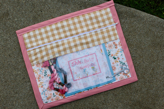 Pink Floral Needlepoint Project Bag | Handmade Zipper Project Pouch | Large Vinyl Stitching Bag | Knitting & Embroidery Organizer |