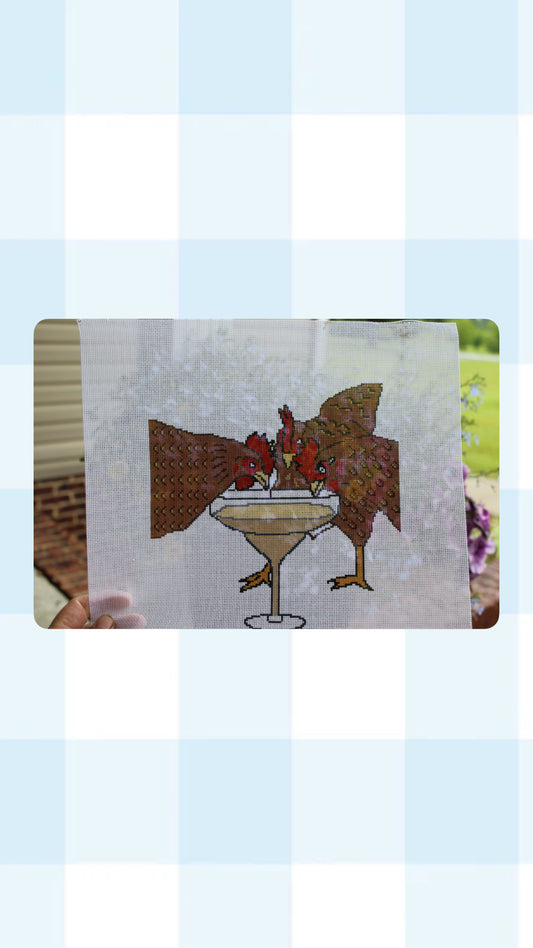 Handpainted Chickens Drinking Canvas |Funny Chicken Needlepoint Canvas | 18 Mesh | Farmhouse Chicken Art | Southern Needlepoint Canvas | 8x8 Canvas